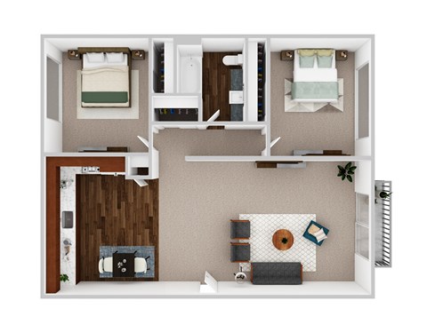 A top-down view of a small apartment with a kitchen, living room, and bedroom.